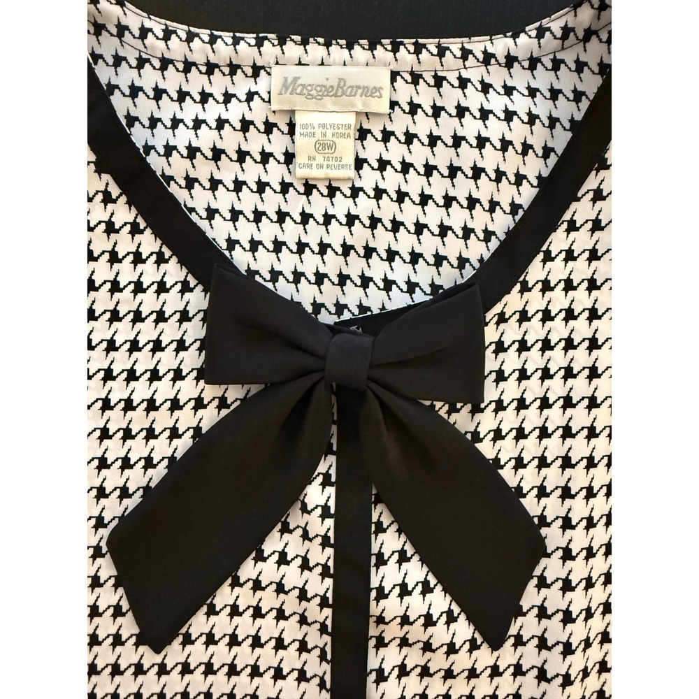 Maggie Barnes Houndstooth Bow Blouse Womens Size 28 Button-Down Holiday Office - Picture 1 of 13